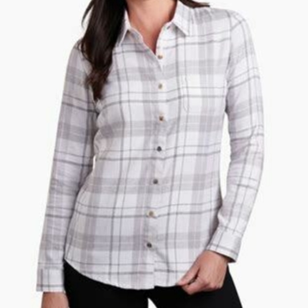 Kuhl Kamila Flannel Button Down Shirt Gray Womens Medium Gorpcore Cabin Fall